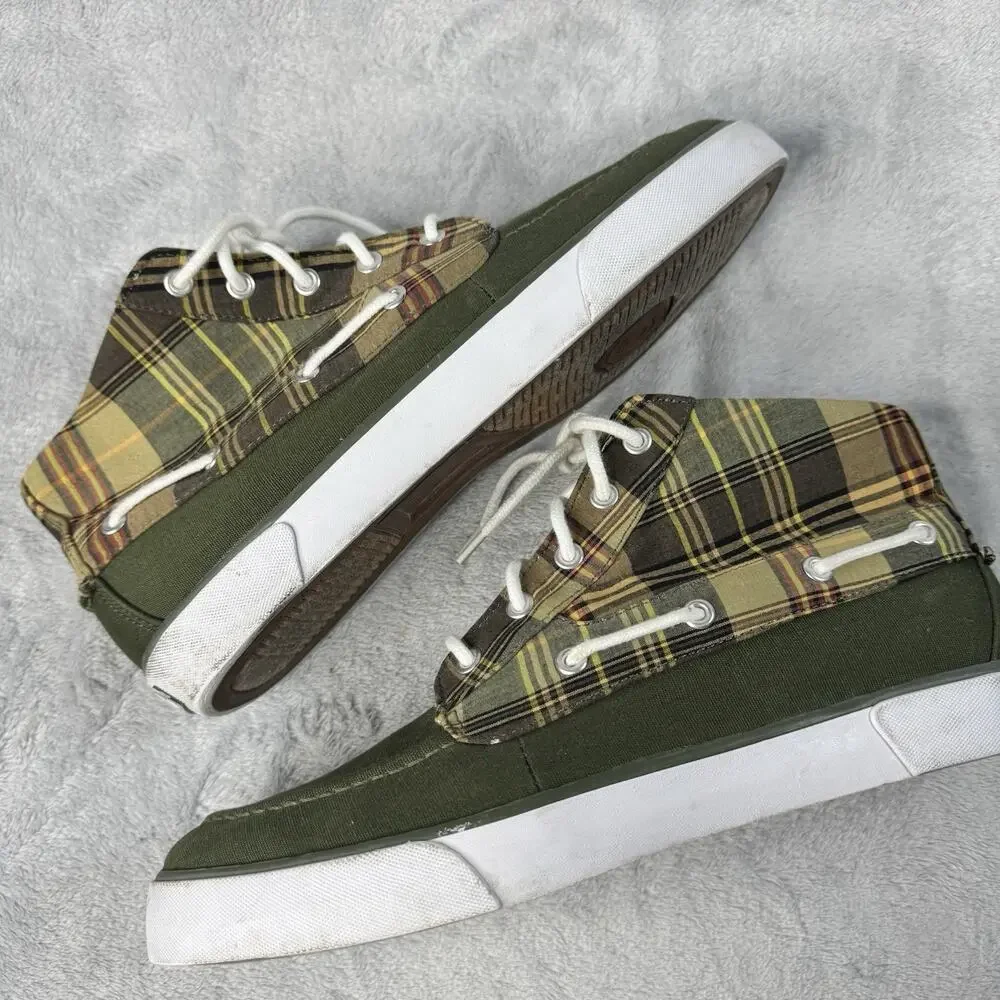 Polo Ralph Lauren Lander Chukka Canvas Madras Plaid Boat Shoes Olive Green 11D